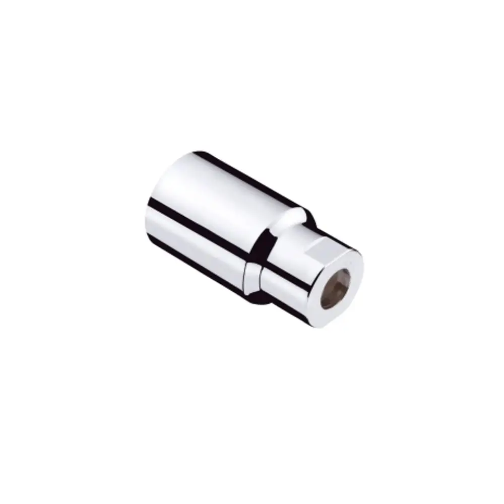 Chromfarbener Mischhebelaufsatz von Hansgrohe, zylindrische Form, mit einem quadratischen Anschlussteil an einem Ende und offener Bohrung auf der anderen Seite.